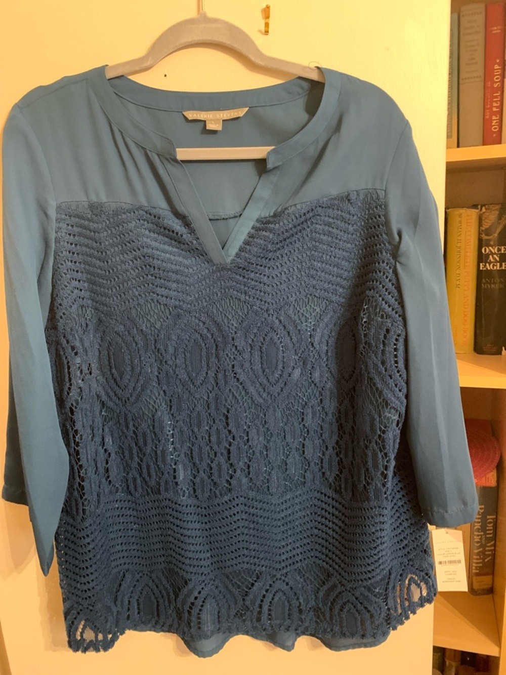 Valerie Stevens Teal Blue Crochet-Front Long Sleeve Blouse